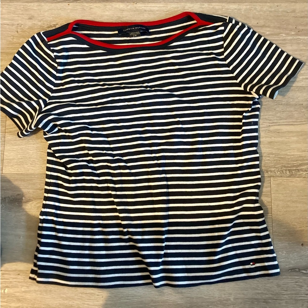 Tommy Hilfiger Navy and White Striped Tee with Red Trim